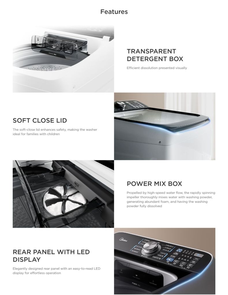 Close up to Midea 13kg Top Load Washer MA512W130DT transparent detergent box, soft close lid, power mix box, rear panel with LED display