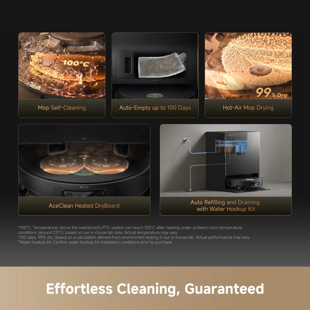 Close-up of Dreame X60 Ultra Robot Vacuum effortless cleaning, guaranteed