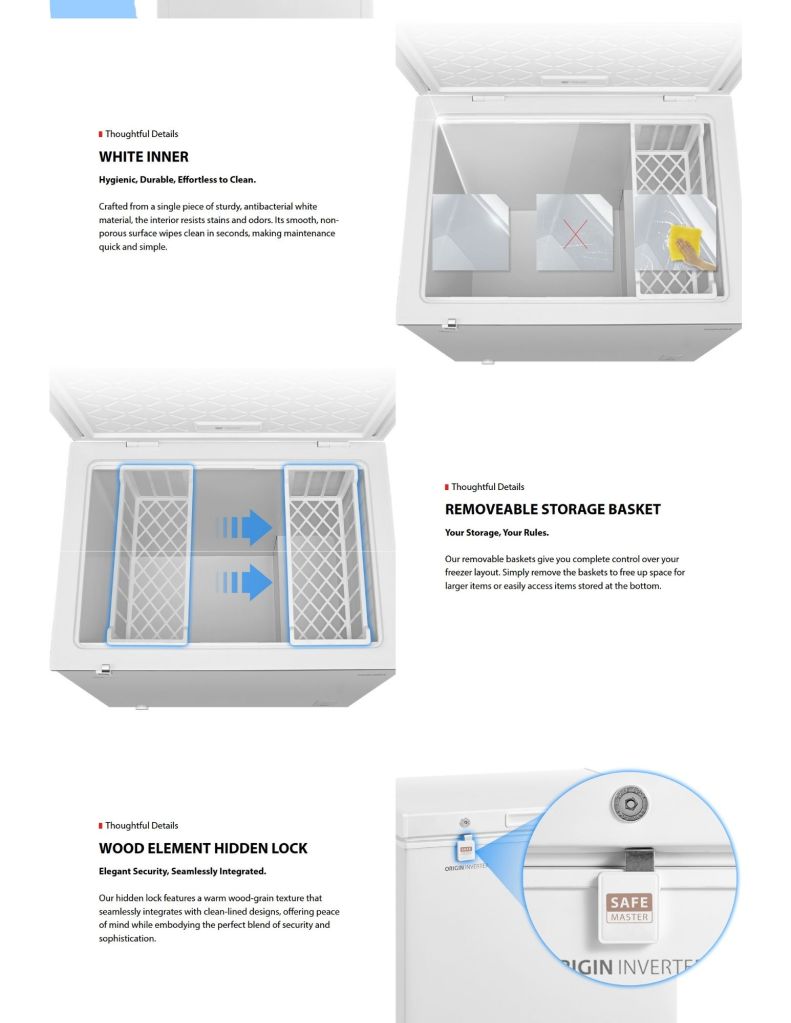 Close up of Toshiba Freezer white inner,removeable storage basket and wood element hidden lock