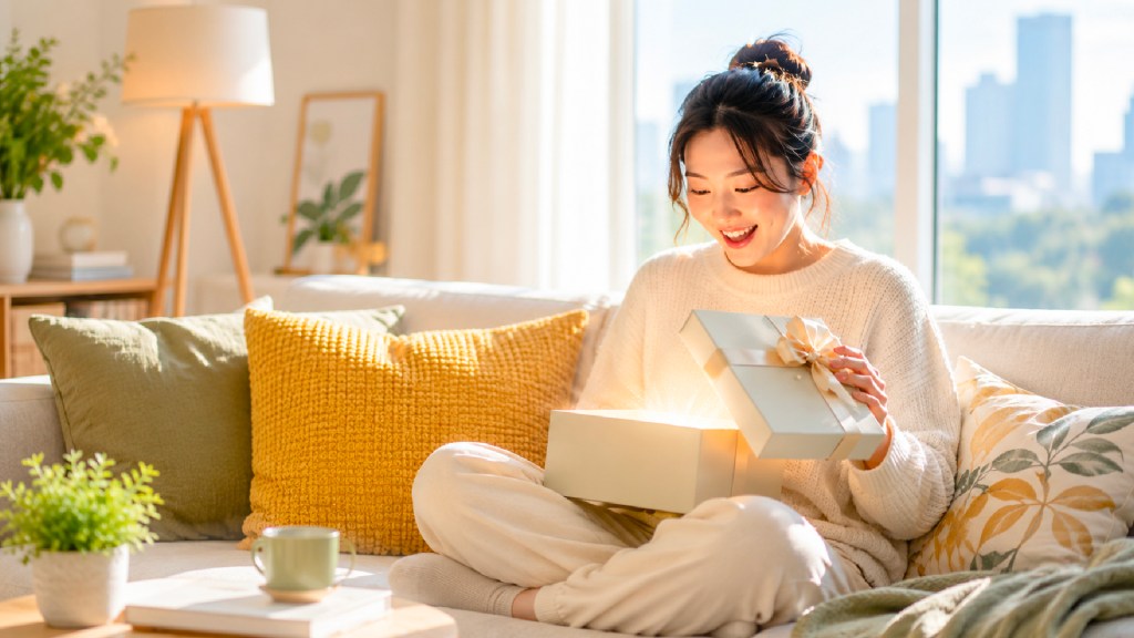 Woman opening a gift at home for a little treat
