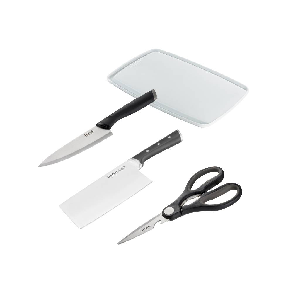 Tefal Knives Set 4 (Chinese Chopper 18cm+Chef Knife 15cm+Shears+Cutting Board) - Front View