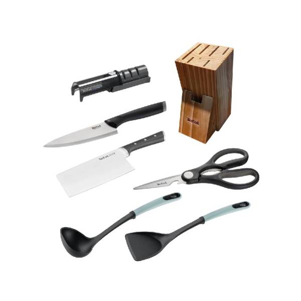 Tefal Knives Set 5 (Ice Force Chinese Chopper 18cm+Sharpener+Shears+Chef Knife 15cm+Ingenio Plus Ladle+ Wok Spatula+Knives Block(B)) - Front View