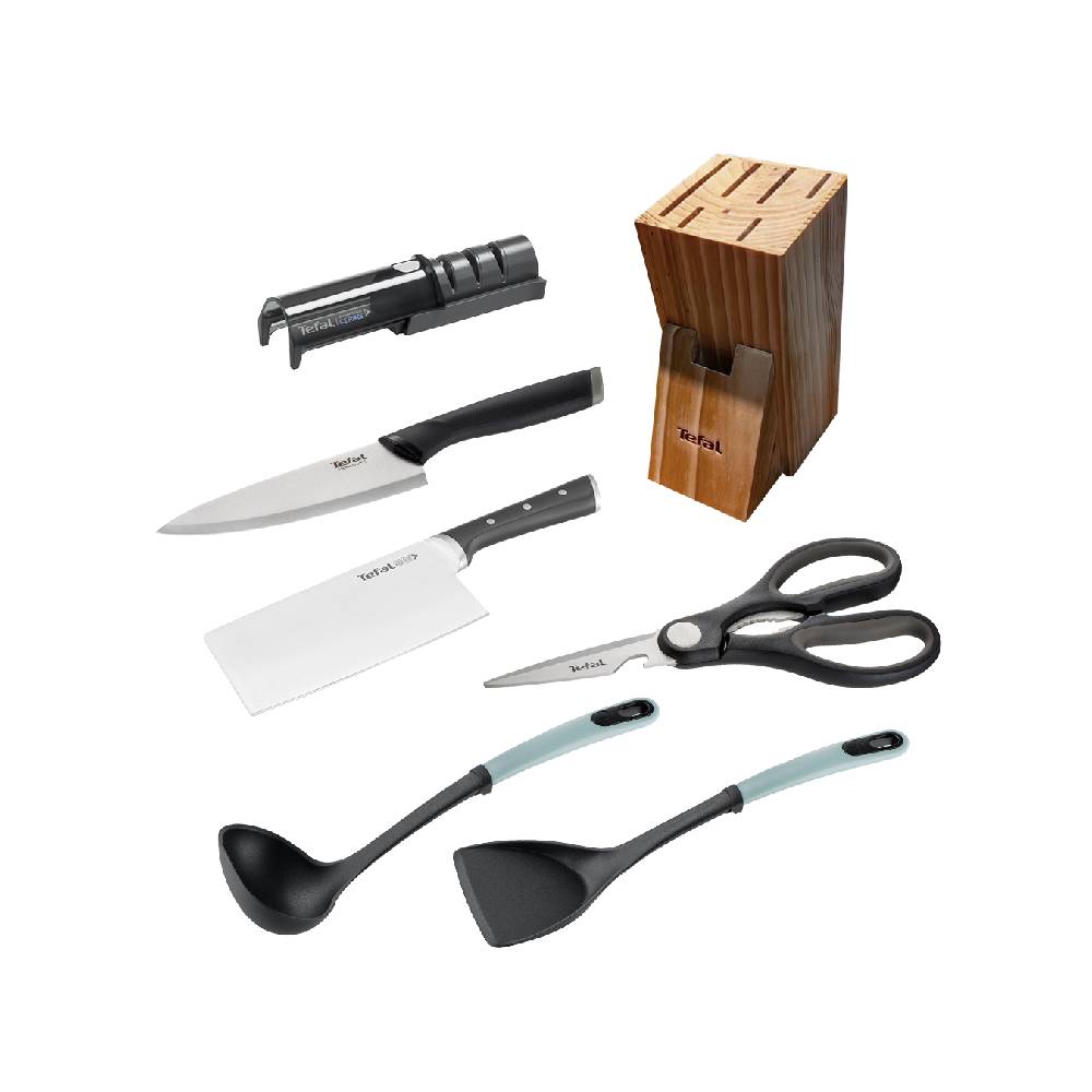 Tefal Knives Set 5 (Ice Force Chinese Chopper 18cm+Sharpener+Shears+Chef Knife 15cm+Ingenio Plus Ladle+ Wok Spatula+Knives Block(B)) - Front View