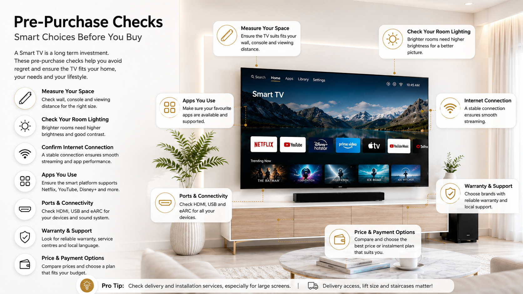 Smart TV pre-purchase checklist covering room size, lighting, apps, internet, connectivity, warranty and budget