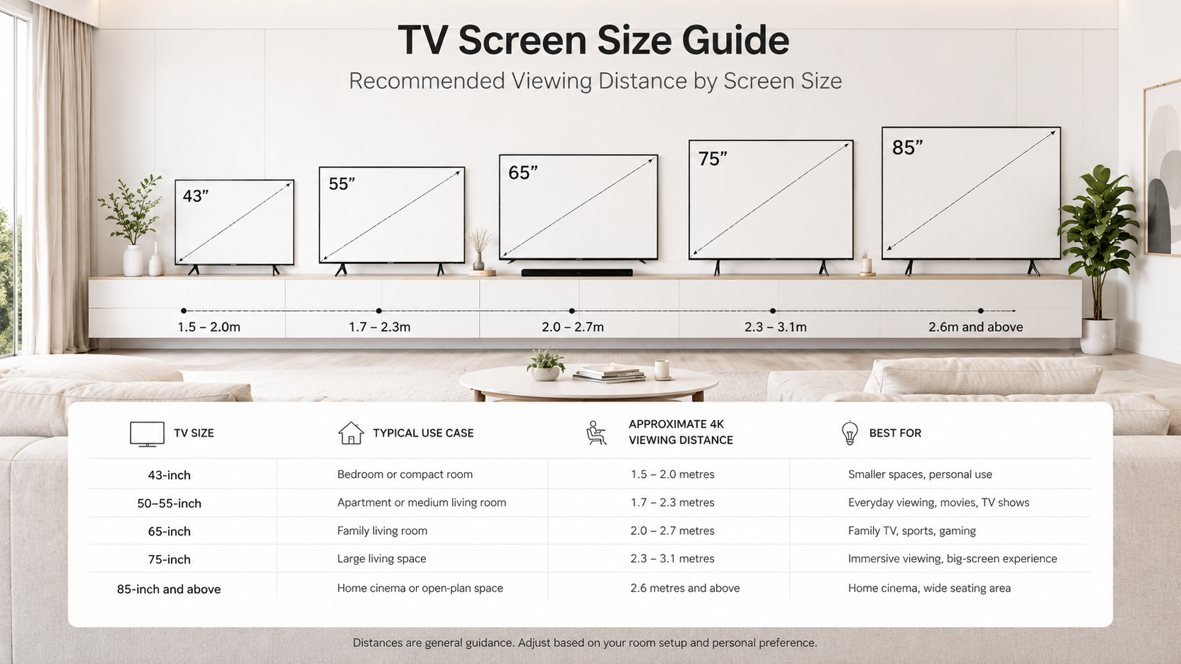 TV screen size guide showing recommended viewing distances for 43, 55, 65, 75 and 85 inch TVs