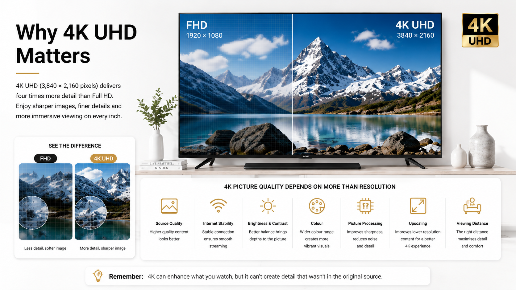 4K UHD TV comparison showing Full HD vs 4K picture quality and factors that affect image quality