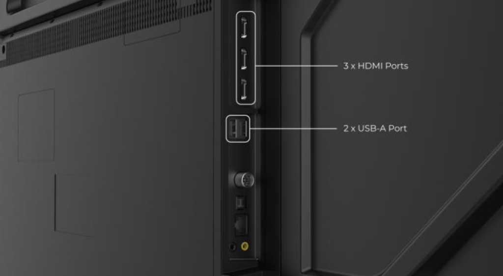 SHARP 4TC75JJ5000X Google TV rear panel with HDMI and USB connectivity ports