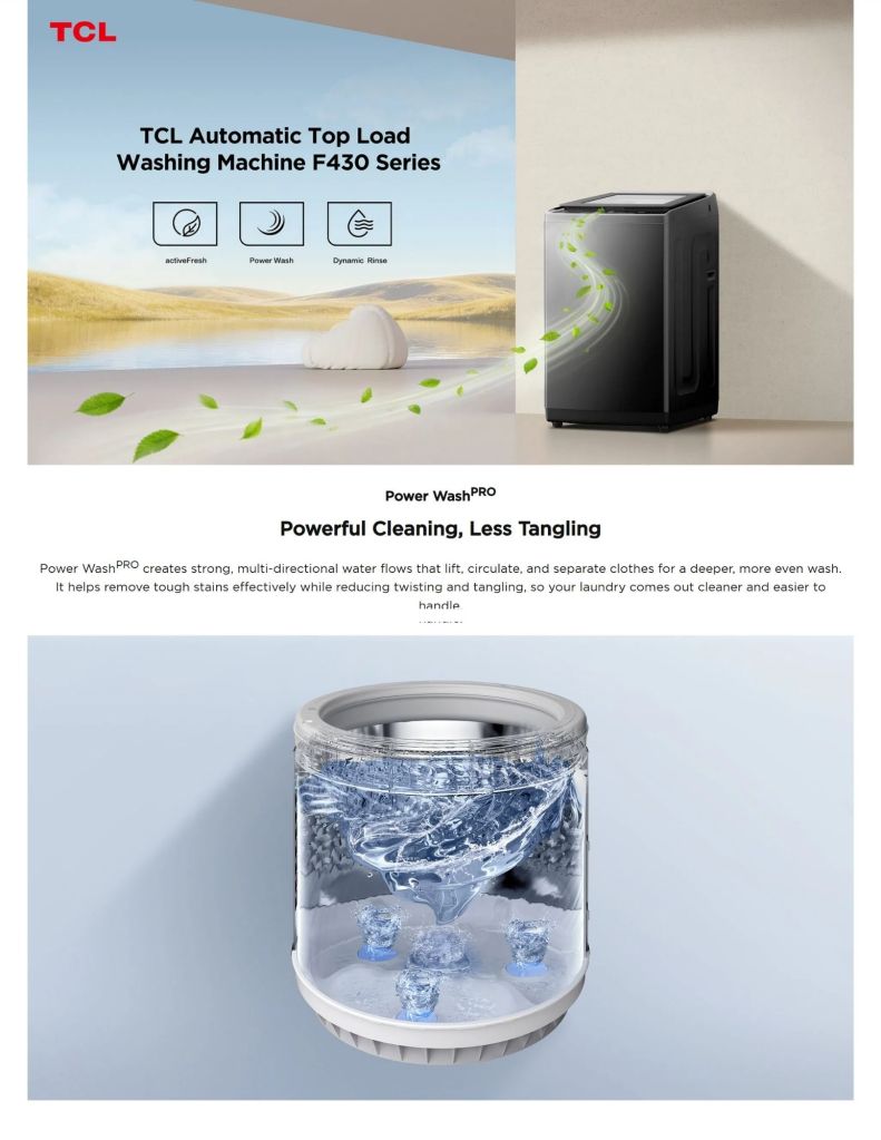 Close up of TCL 10.5KG Top Load Washer F430 Series power wash pro