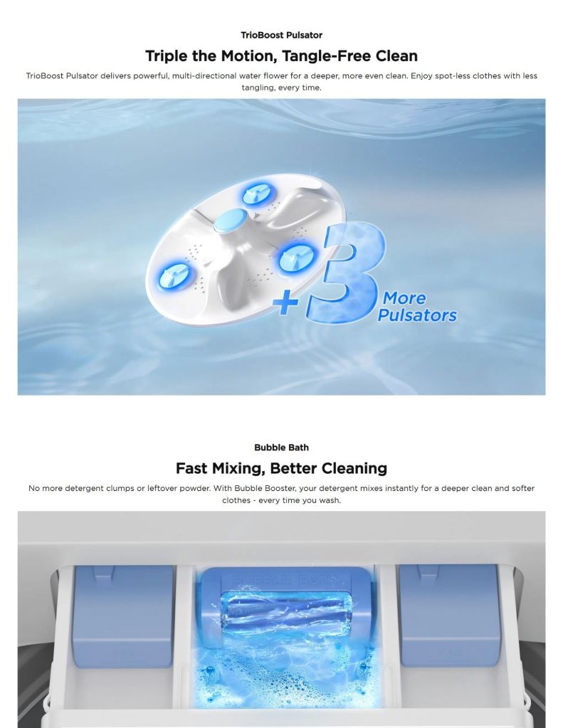 Close up of TCL 10.5KG Top Load Washer F430 Series trioboost pulsator and bubble bath