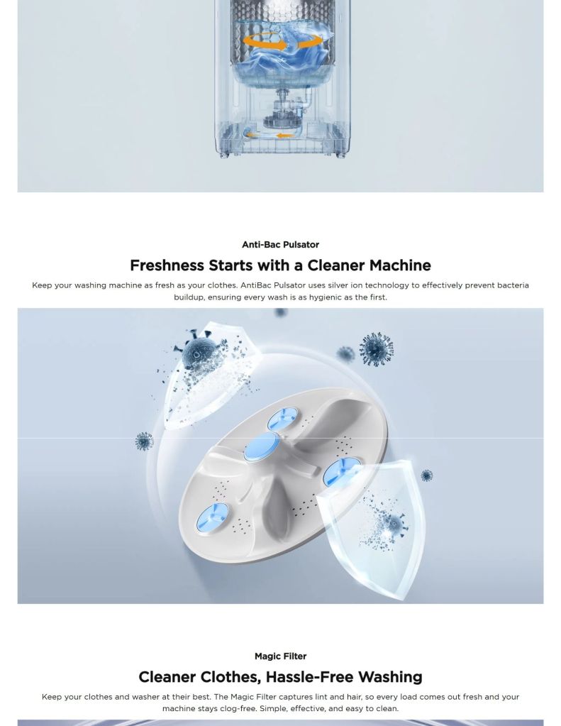 Close up of TCL 10.5KG Top Load Washer F430 Series ant-bac pulsator and magic filter