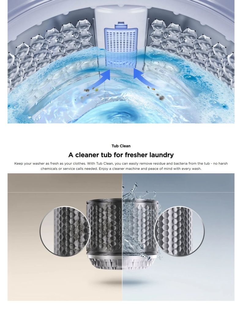 Close up of TCL 10.5KG Top Load Washer F430 Series tub clean