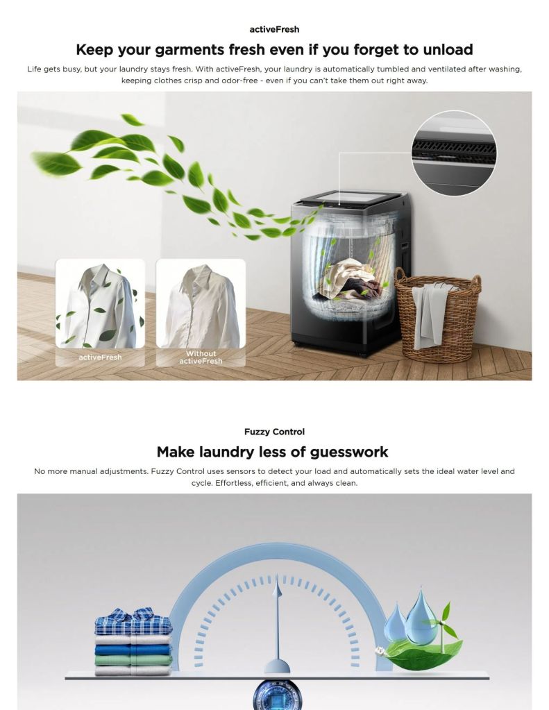 Close up of TCL 10.5KG Top Load Washer F430 Series active fresh and fuzzy control