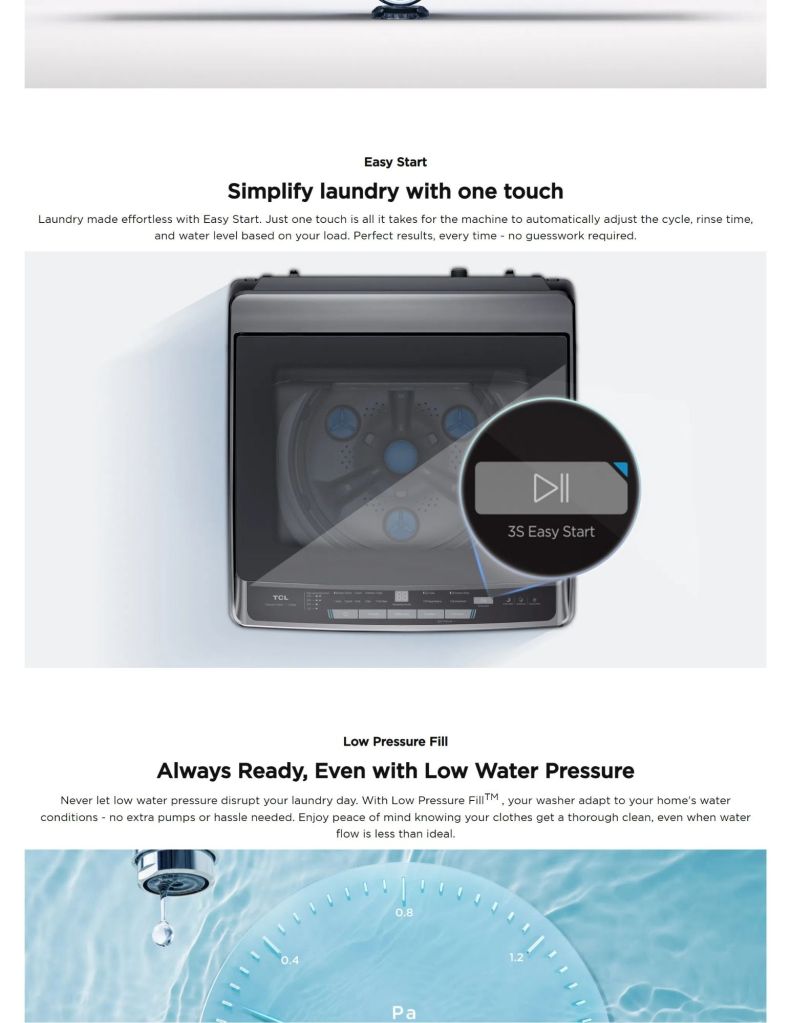 Close up of TCL 10.5KG Top Load Washer F430 Series easy start and low pressure fill