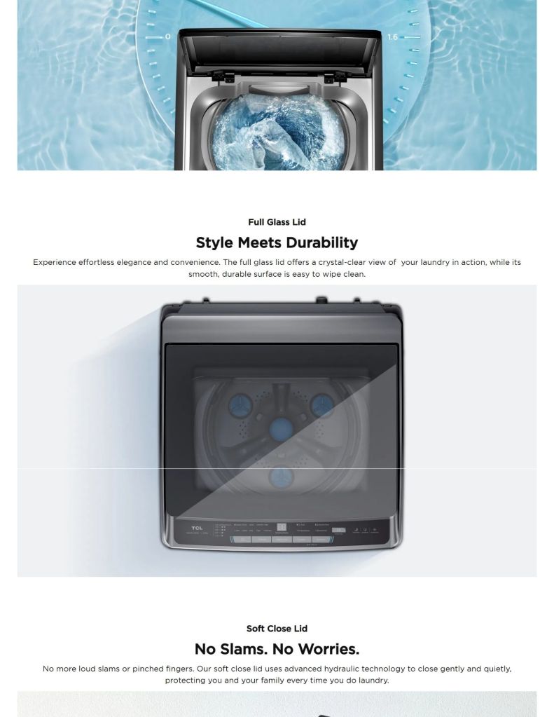 Close up of TCL 10.5KG Top Load Washer F430 Series full glass lid