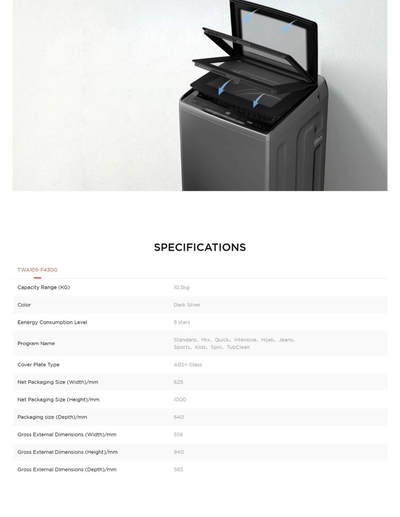 TCL 10.5KG Top Load Washer F430 Series specifications