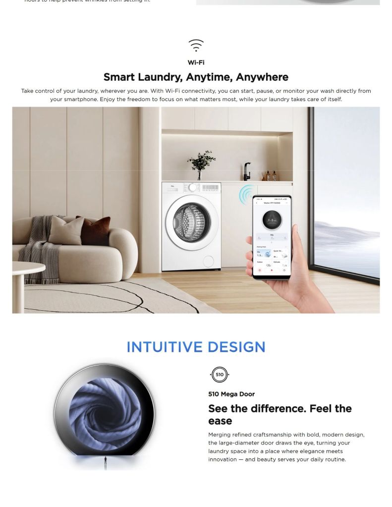 Close up of 10.5KG front load washer wifi and intuitive design