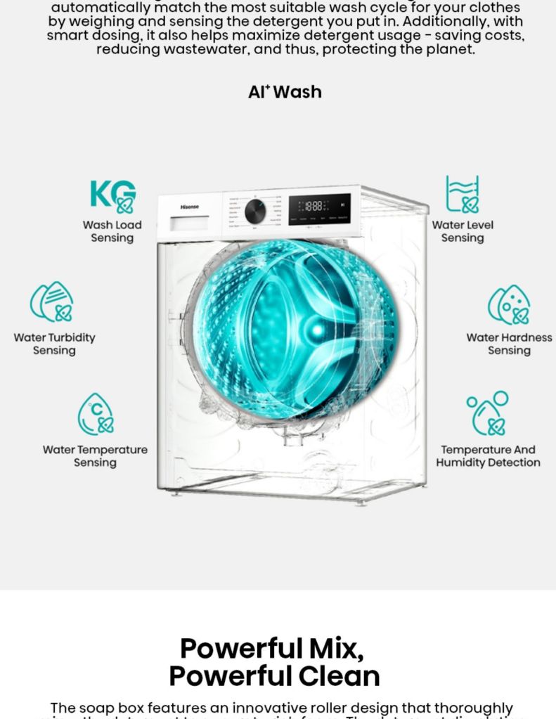 Close up of Hisense 12KG Front Load Washer AI Wash, powerful mix & powerful clean