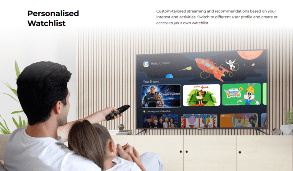 Family using 50" 4K Google TV personalised watchlist and streaming recommendations at home