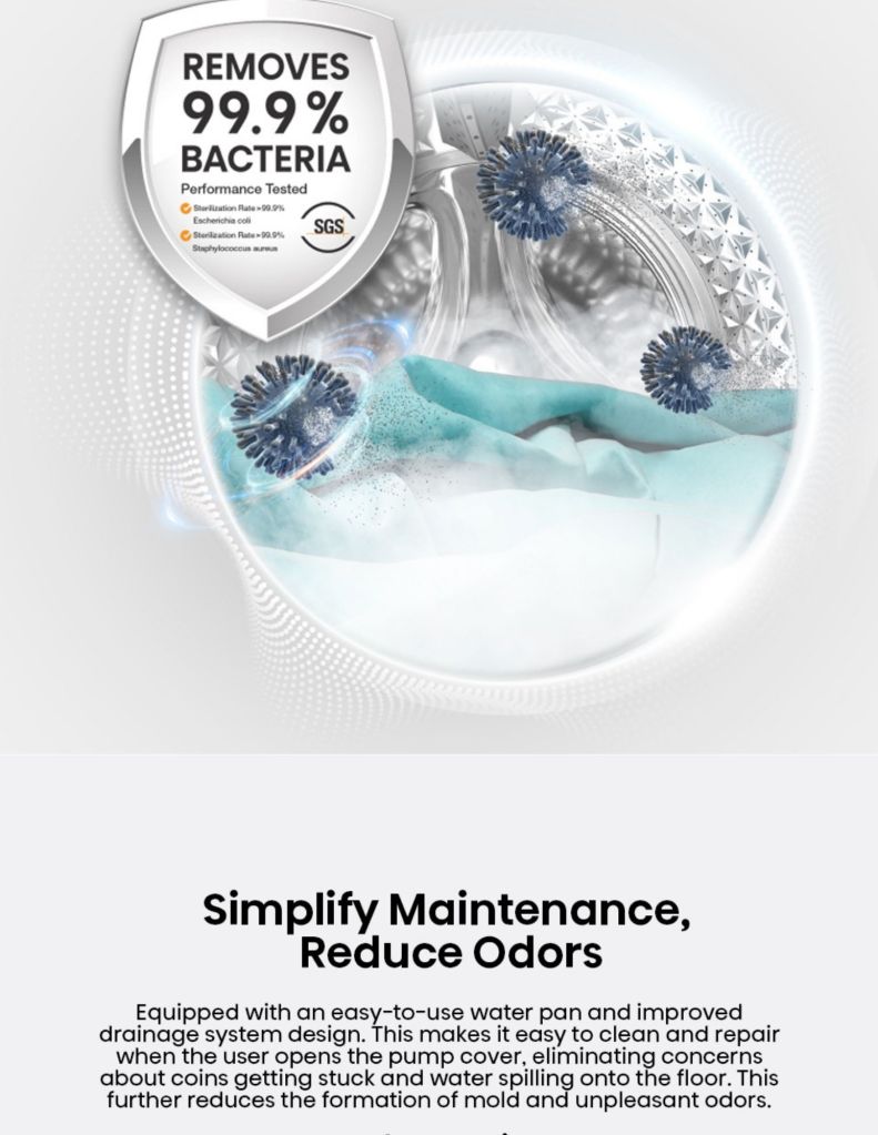Close up of Hisense 12KG Front Load Washer simplify maintenance, reduce odors