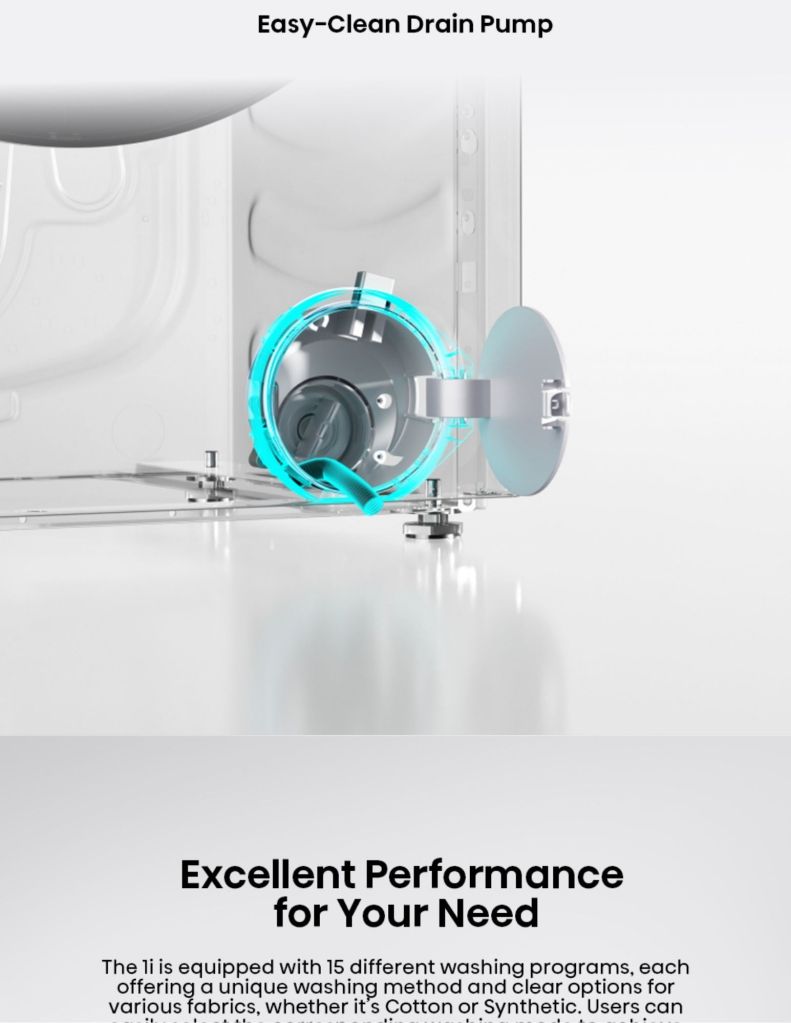 Close up of Hisense 12KG Front Load Washer easy clean drain pump
