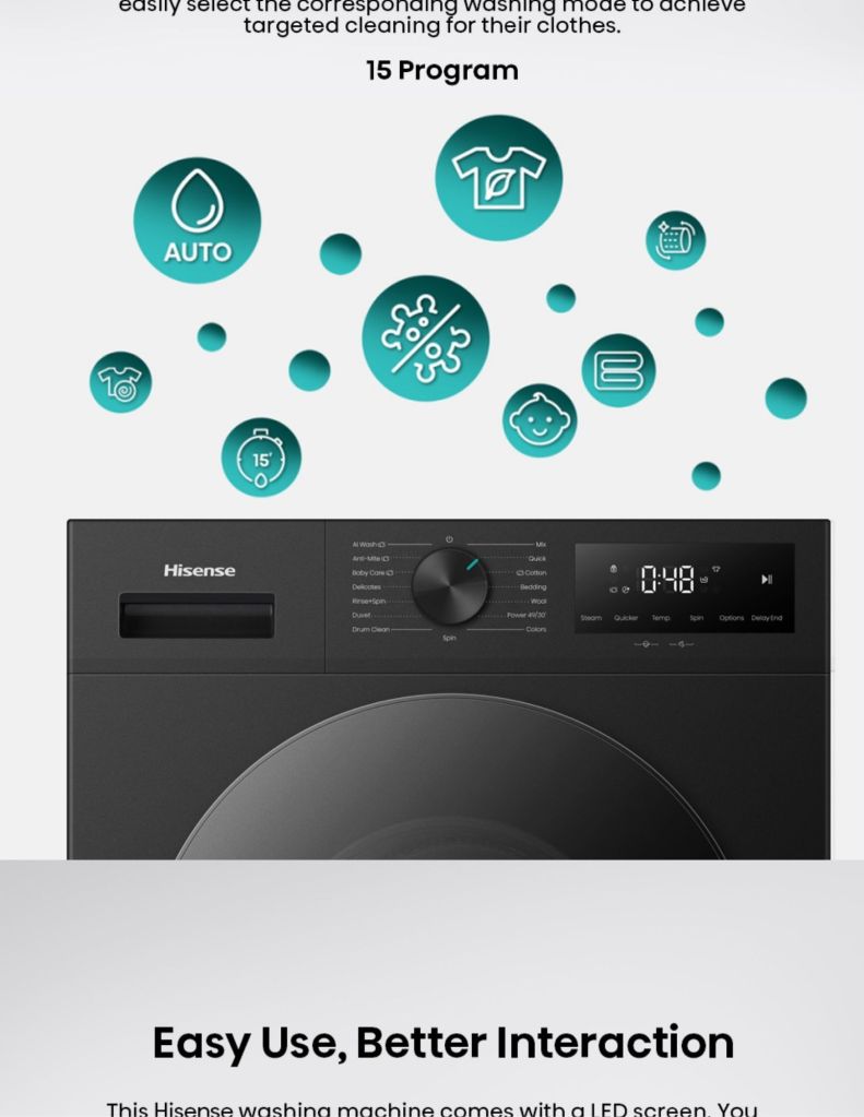 Close up of Hisense 12KG Front Load Washer 15 programs