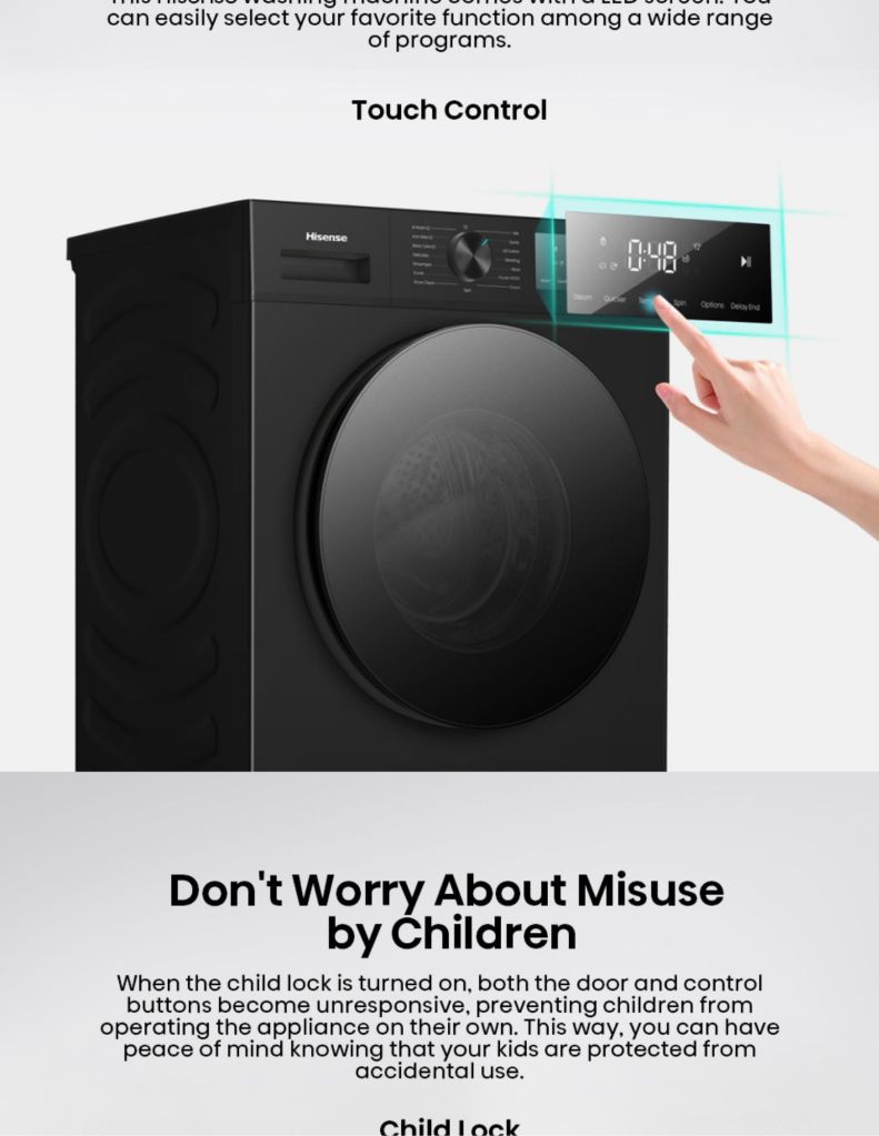 Close up of Hisense 12KG Front Load Washer touch control and child lock