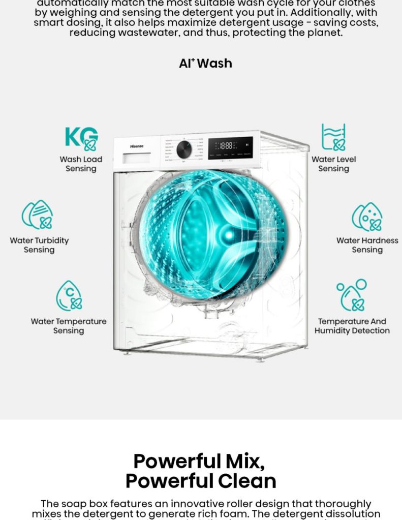 Close up of Hisense 12KG Front Load Washer and 8kg Dryer AI Wash