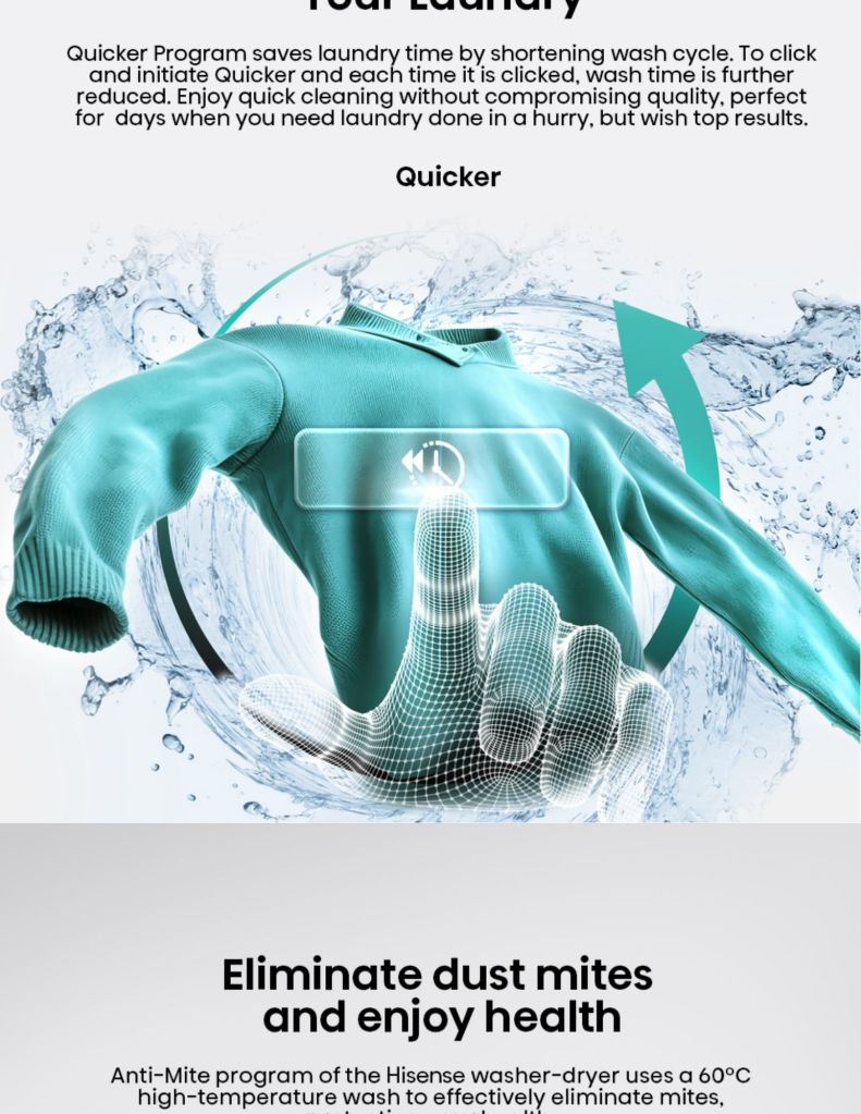Close up of Hisense 12KG Front Load Washer and 8kg Dryer quicker