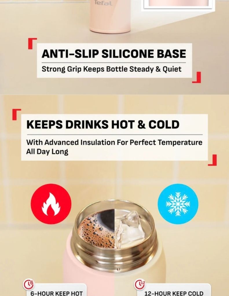 Close up of Tefal Easy To Go Bottle with anti-slip silicone base and keep drinks hot&cold
