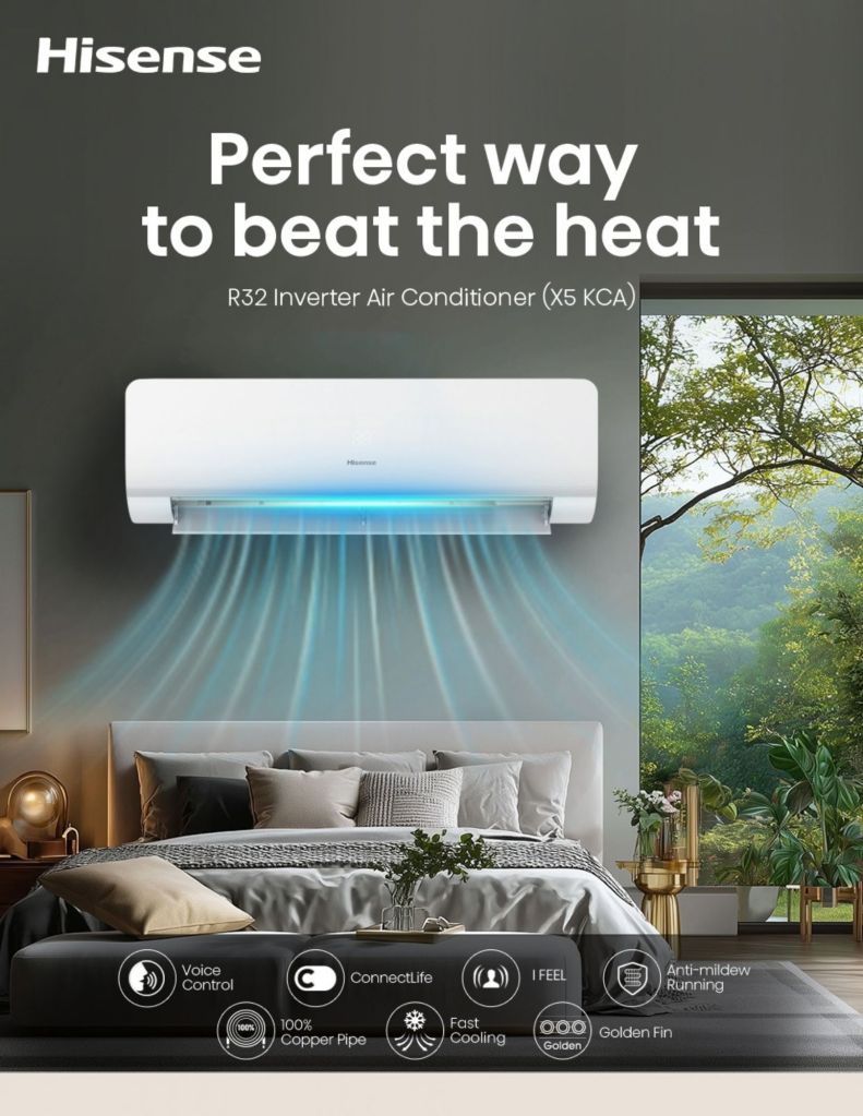 Close up of Hisense X5 KCA Inverter Air Conditioner voice control, fast cooling and anti mildew running