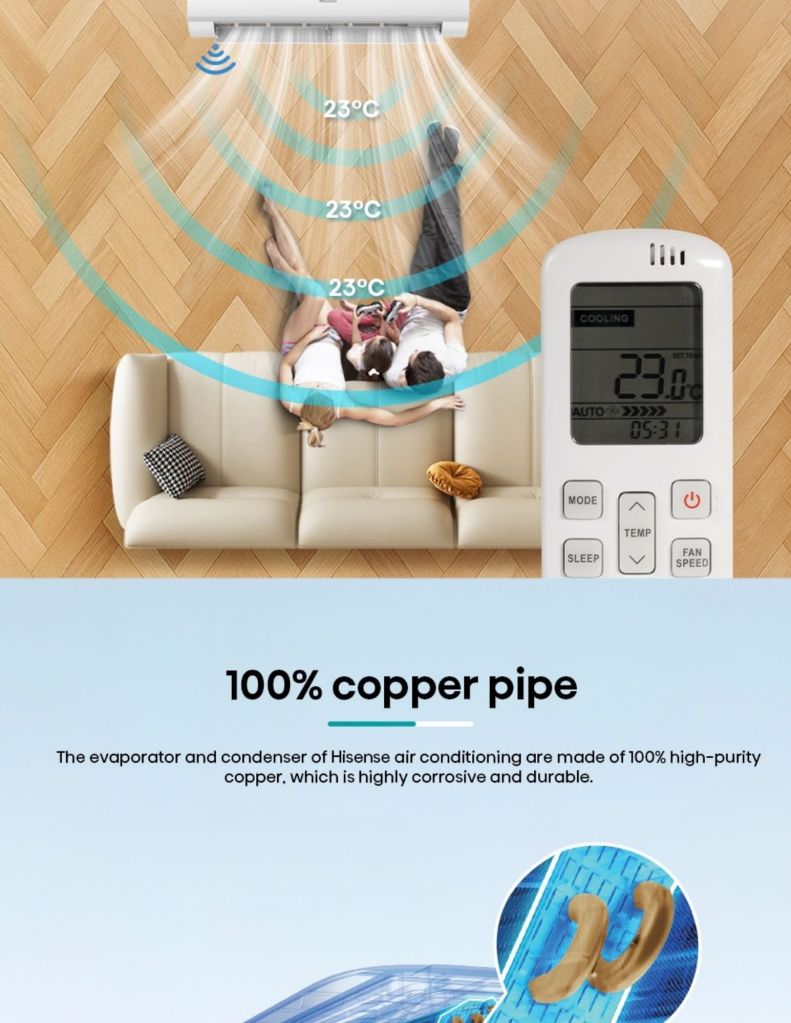 Close up of Hisense X5 KCA Inverter Air Conditioner 100% copper pipe