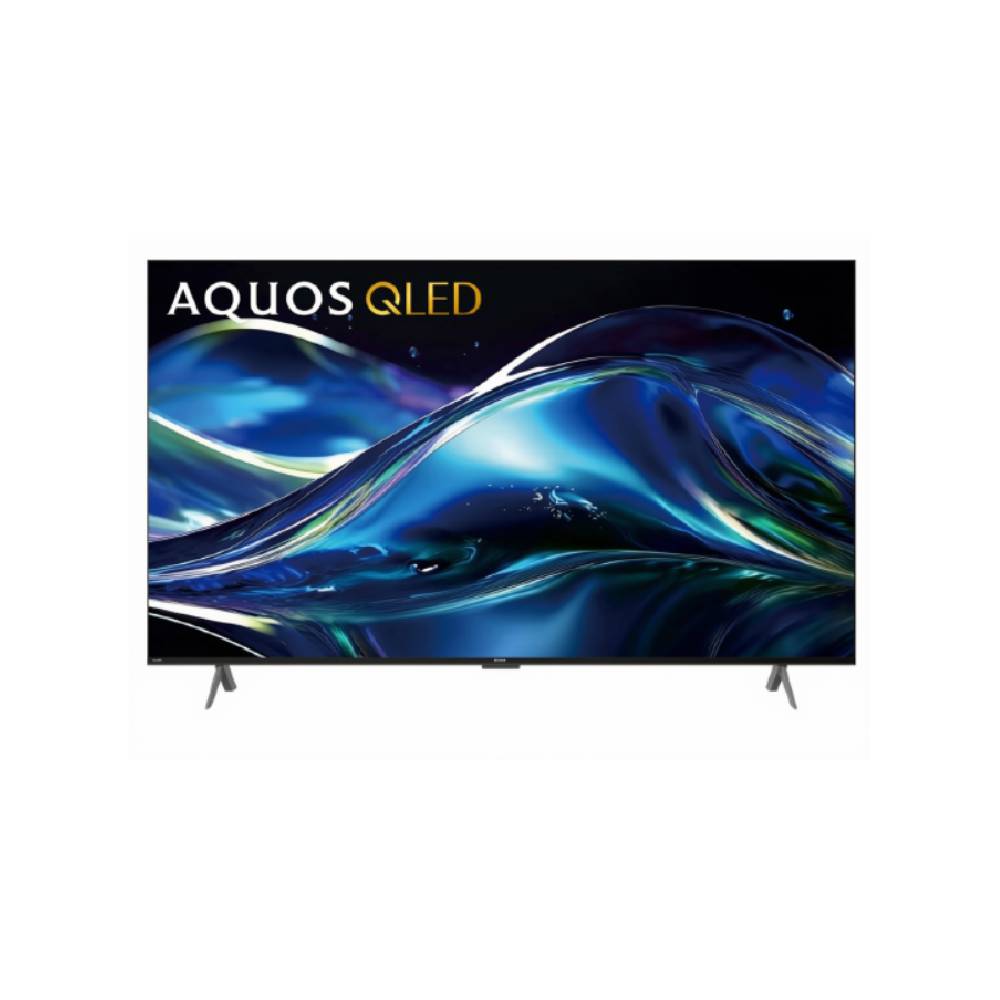 75_1 Sharp AQUOS QLED TV in black with slim bezel and dual-leg stand - Front View