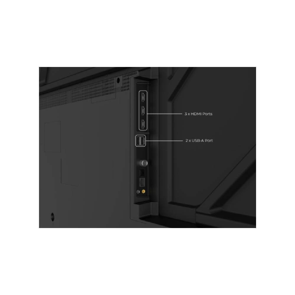 Close-up of Sharp AQUOS QLED TV rear connectivity with 3 HDMI ports and 2 USB-A ports