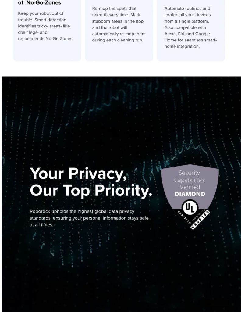 Close up of Roborock Qrevo 2 Pro Robot Vacuum security capabilities verified