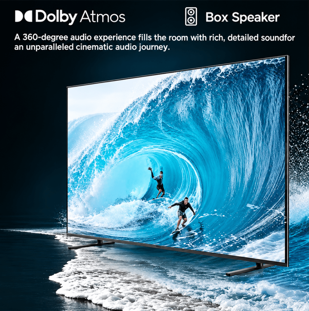 Sharp 4TC55JJ5000X 55-inch TV with Dolby Atmos and Box Speaker for rich, detailed cinematic sound