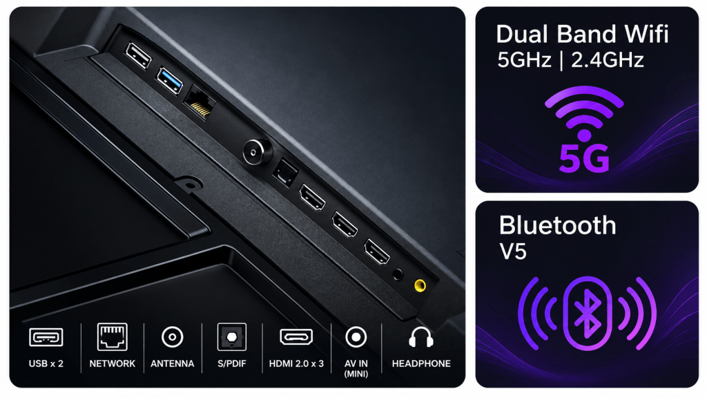 Megra Smart TV connectivity with HDMI, USB, network, Dual Band WiFi and Bluetooth 5