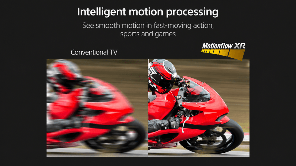 Sony X77L TV Motionflow XR comparison showing smoother motion for fast-moving sports and games