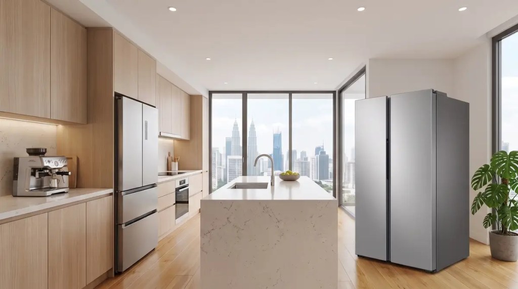 A modern, open-concept condo kitchen with an integrated built-in refrigerator and a separate smart AI refrigerator, illustrating the choice between space-saving and tech-focused appliances.