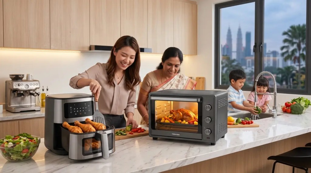 A busy working adult preparing a healthy weeknight dinner using a modern digital air fryer and countertop electric convection oven in a sleek urban apartment kitchen.