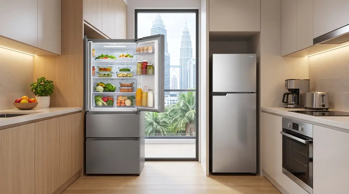 A comparison showcase in a modern compact apartment kitchen featuring a sleek multi-door refrigerator and a slim space-saving 2-door inverter fridge.