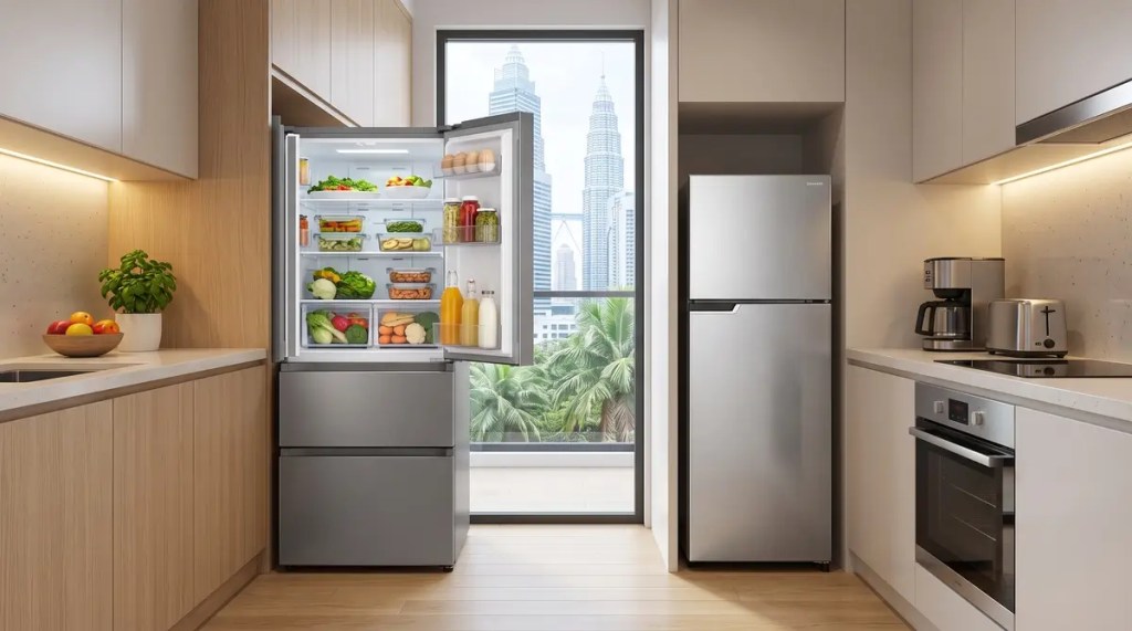 A comparison showcase in a modern compact apartment kitchen featuring a sleek multi-door refrigerator and a slim space-saving 2-door inverter fridge.