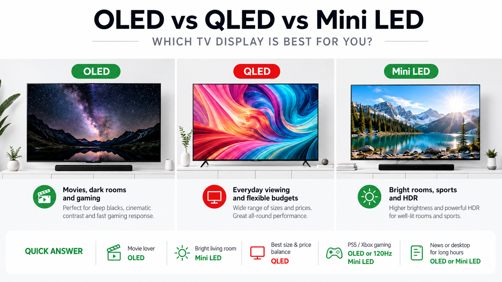 OLED vs QLED vs Mini LED TV comparison for movies, gaming, bright rooms and everyday viewing