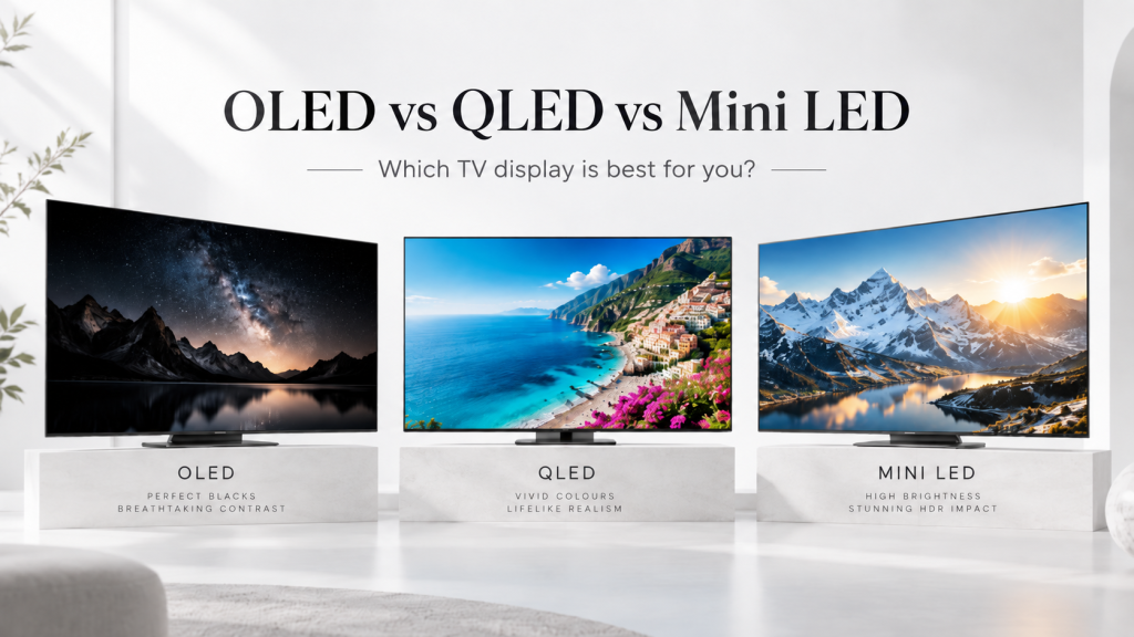 Alt text: OLED vs QLED vs Mini LED TV comparison showing differences in black levels, colour and brightness