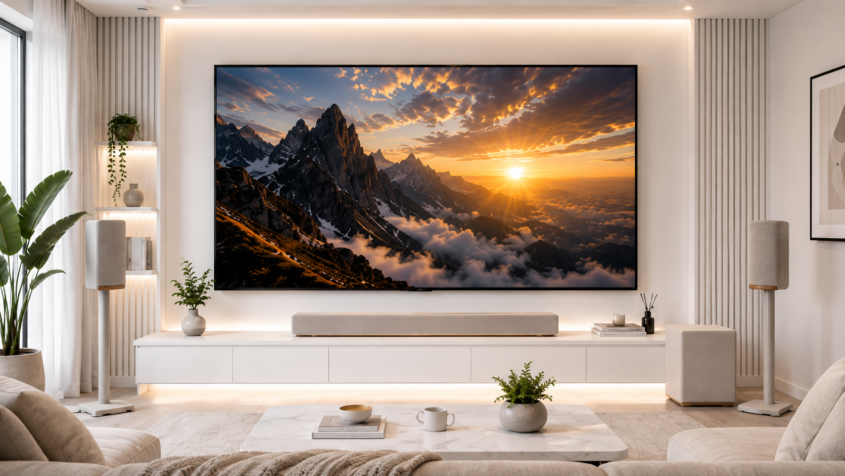 98 inch TV home cinema setup with soundbar, subwoofer and surround speakers