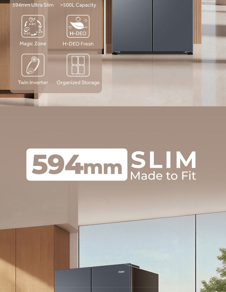 Close up of Haier 610L Multidoor Refrigerator 594mm slim