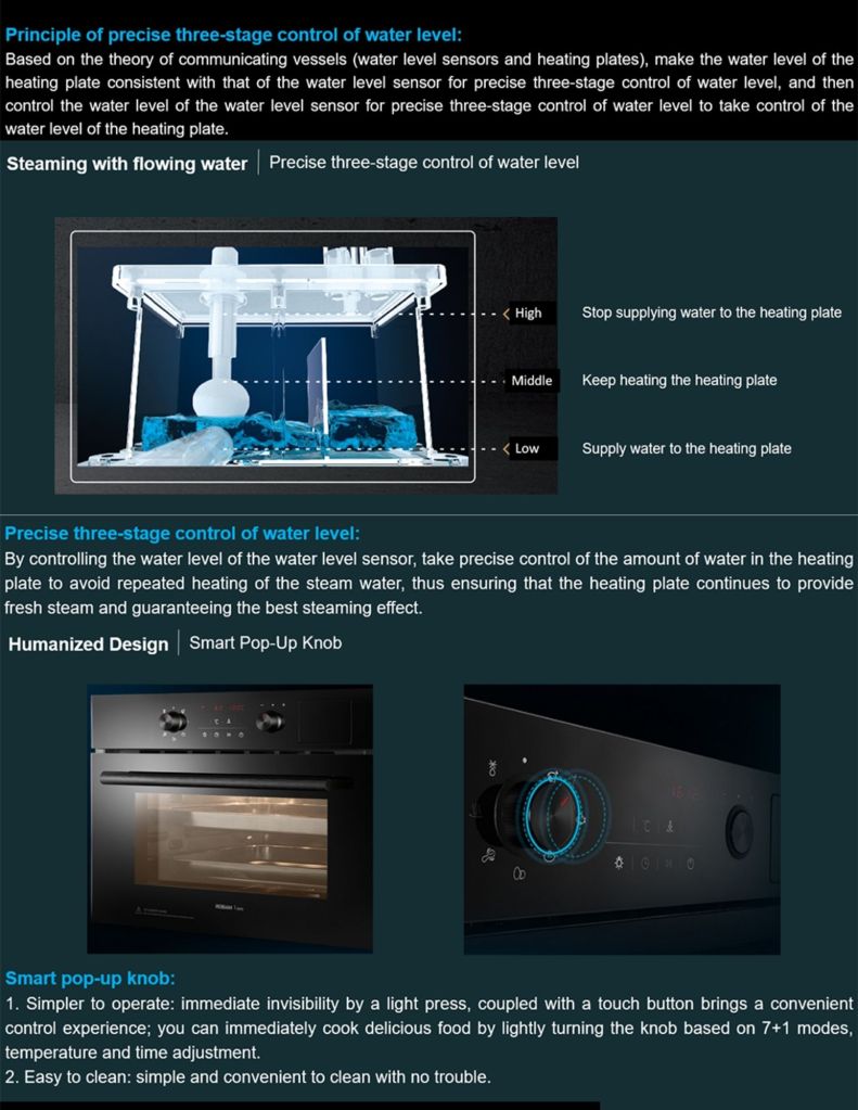 Close up of robam 40L built-in steam oven 3 stage control of water level