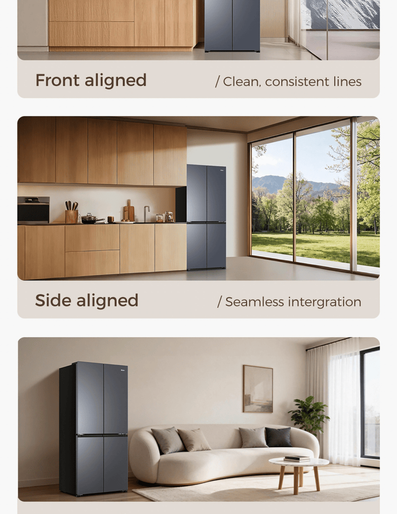 Close up of Haier 610L Multidoor Refrigerator front aligned and side aligned