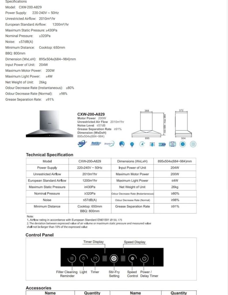 Close up of 90cm Cooker Hood A829 200W motor power and control panel