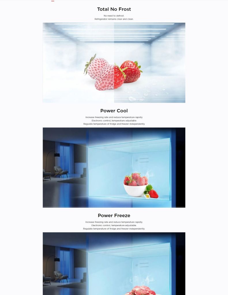 Close up of TCL 505L 4 Door Refrigerator total no frost, power cool & power freeze