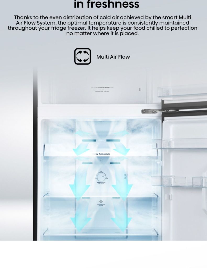 Close up of Hisense 500L 2 Door Inverter Refrigerator smart multi air flow system
